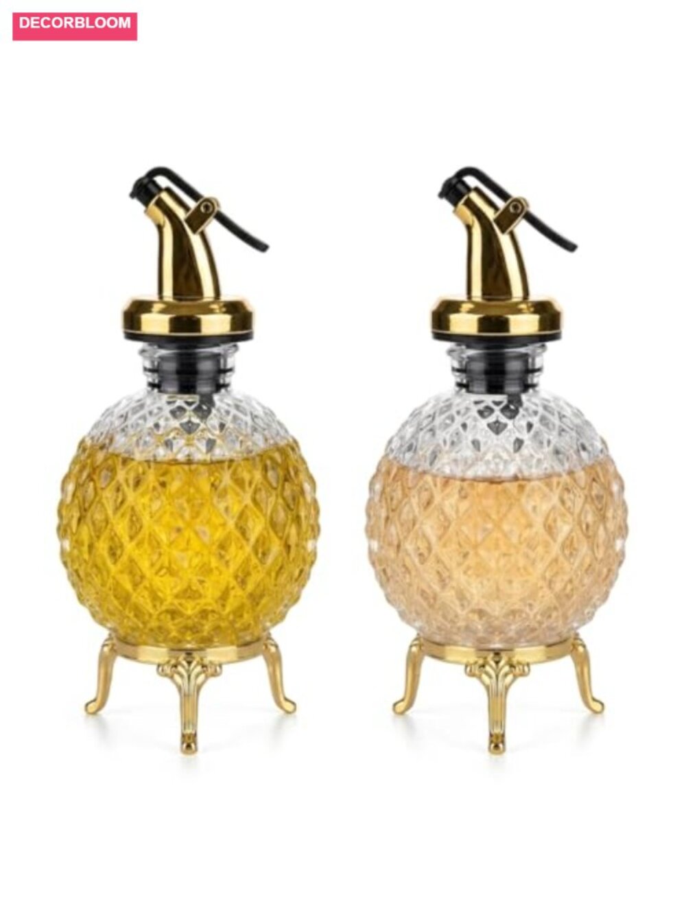 Oil and Vinegar Cruet Set 2pc Glass Bottles with Gold Metal Stand - Picture 3 of 6